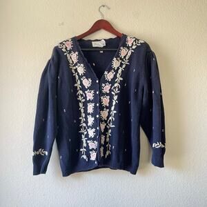 Vintage Cottagecore Puff Sleeve Navy Floral Embroidered Cardigan Size XL